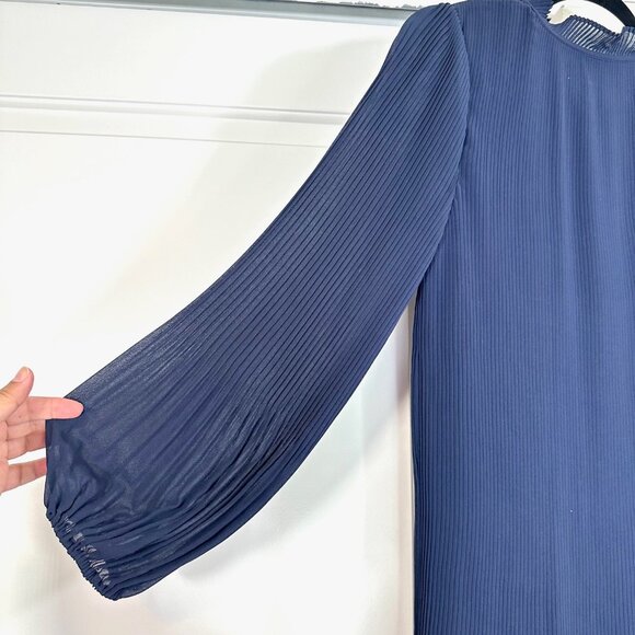 Navy Tie Neck Pleated Long Sleeve Dress 10 - Picture 13 of 13